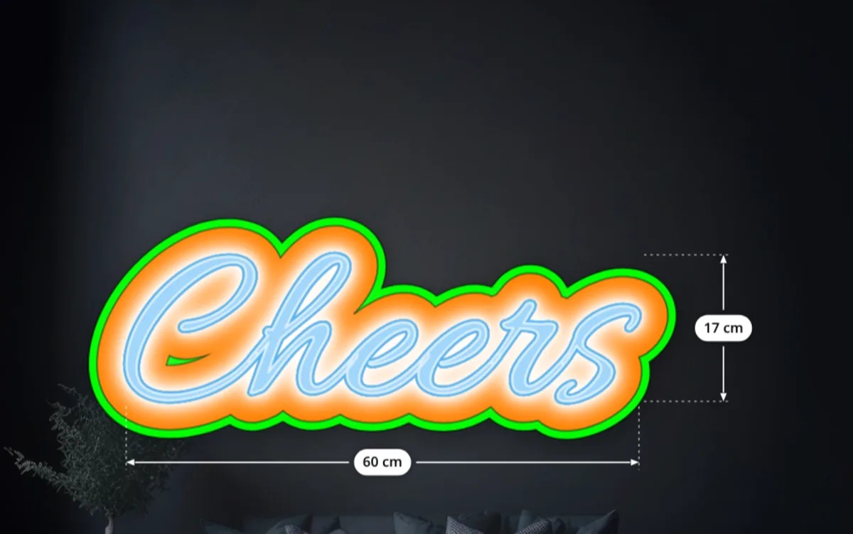 Neon script reading Cheers with an orange and green outline glow
