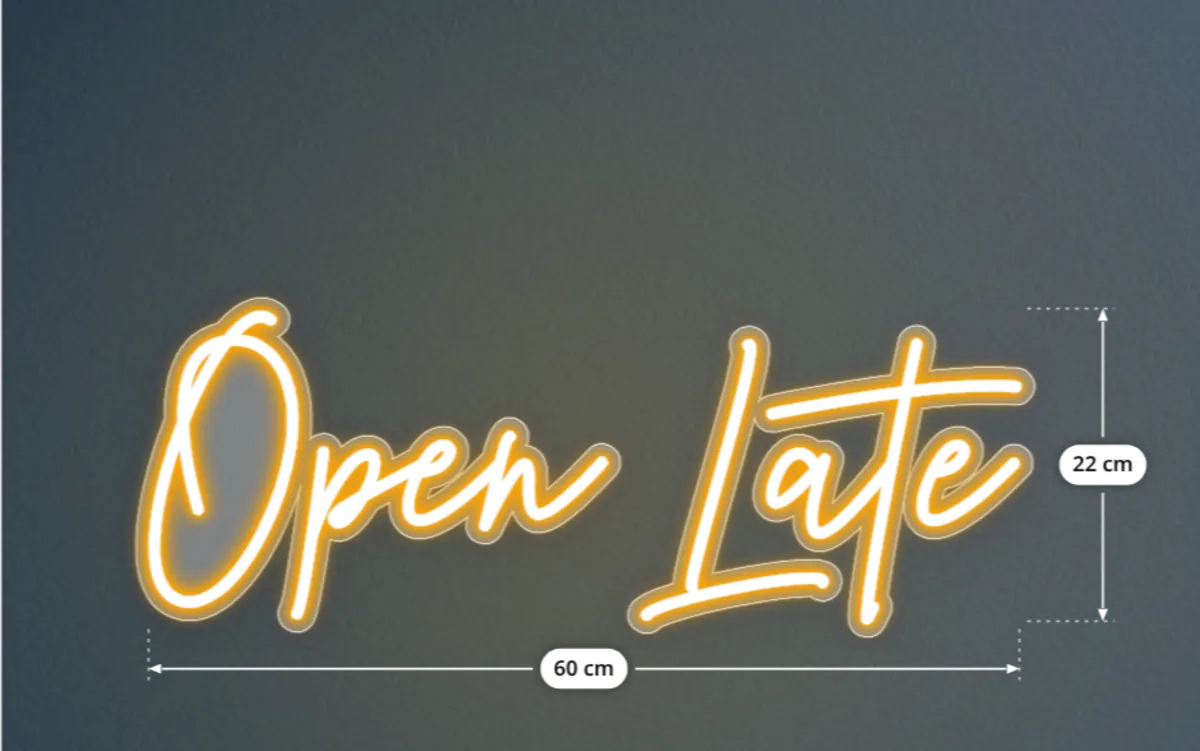 LED neon sign reading Open Late in warm orange, with its 60 × 22 cm dimensions shown live in the configurator