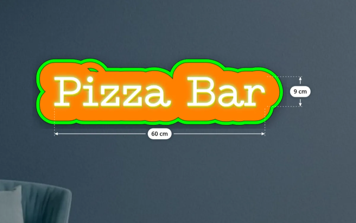 Orange neon sign reading Pizza Bar on a green cut-to-shape backboard