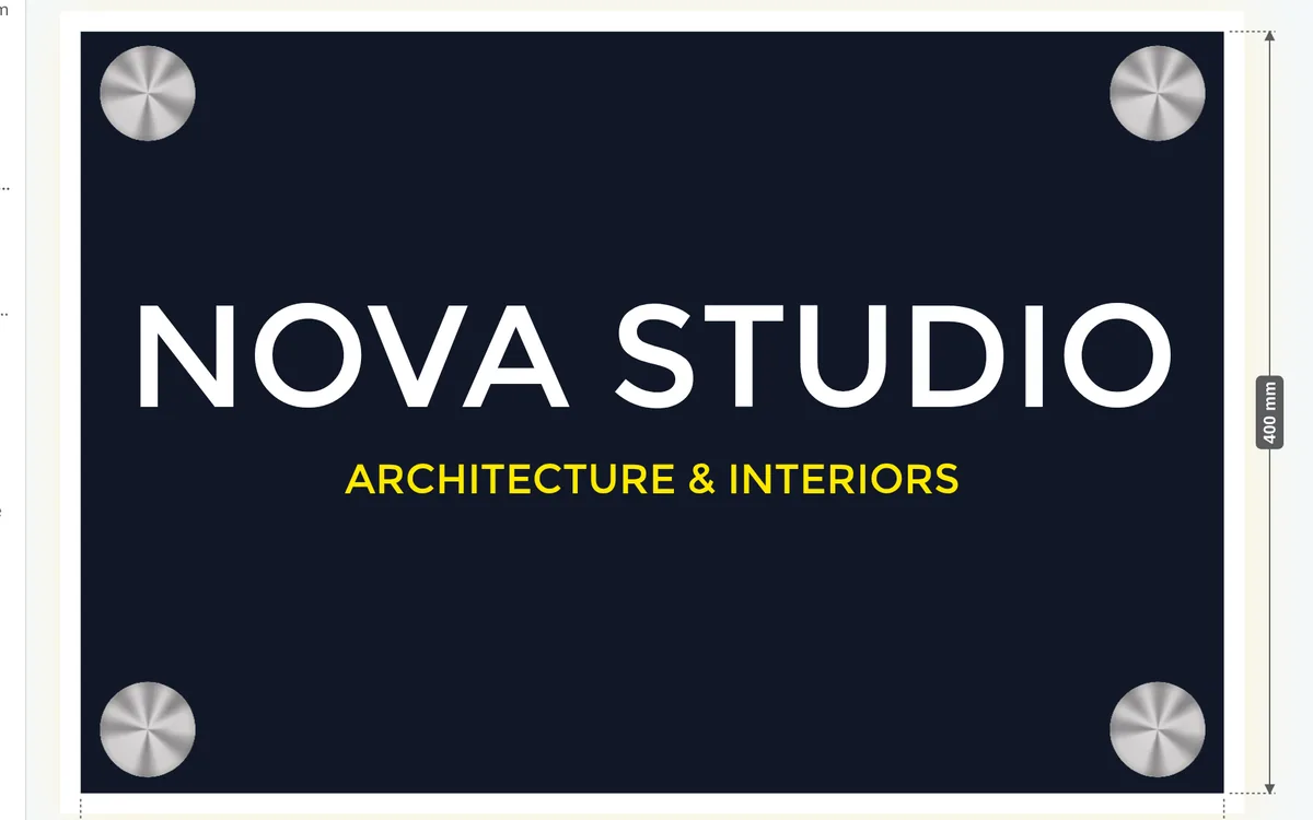 Black acrylic panel reading NOVA STUDIO — Architecture & Interiors, with four stand-off fixings
