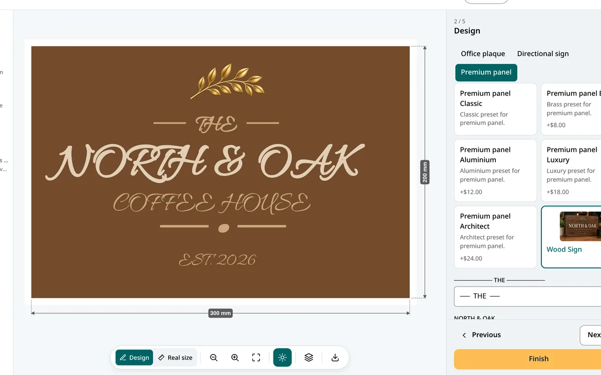 Preset Mode: the North & Oak Coffee House wood design next to the list of ready-made designs customers can pick from
