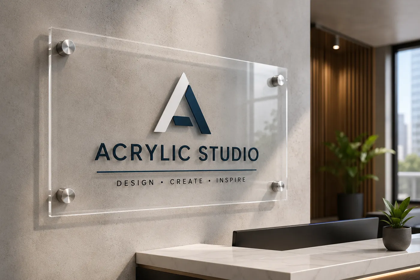 Clear acrylic office sign with standoffs reading Acrylic Studio — Custom Acrylic Sign demo product