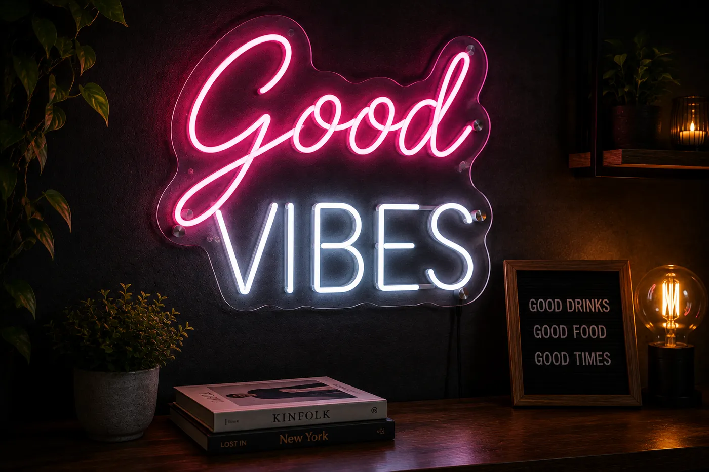 Pink and white LED neon sign reading Good Vibes on a dark wall — Custom LED Neon Sign demo product