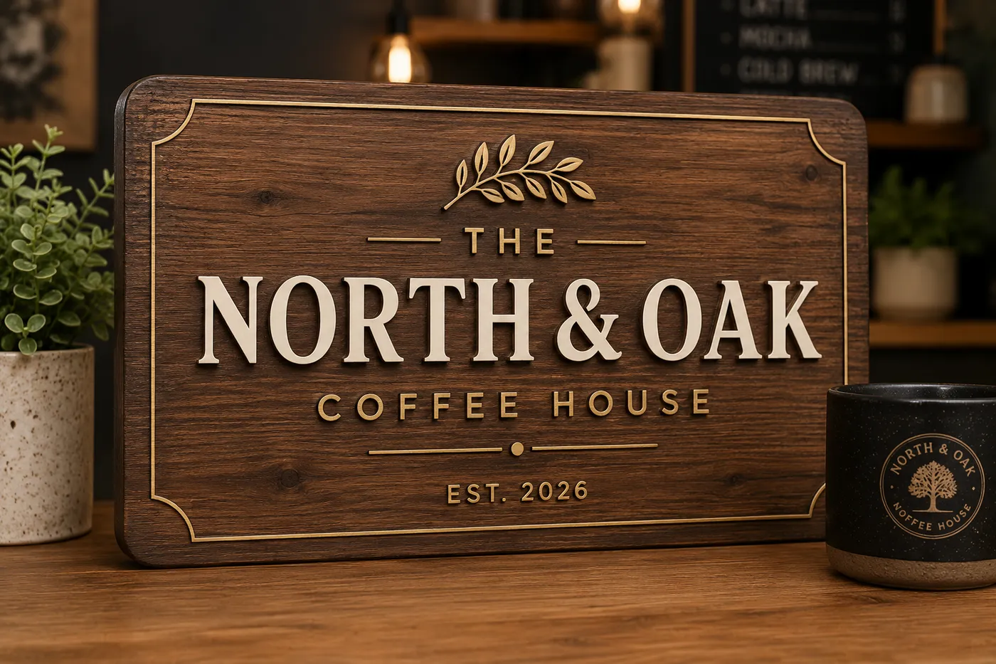 Engraved wood sign reading North & Oak Coffee House — Custom Wood Sign demo product