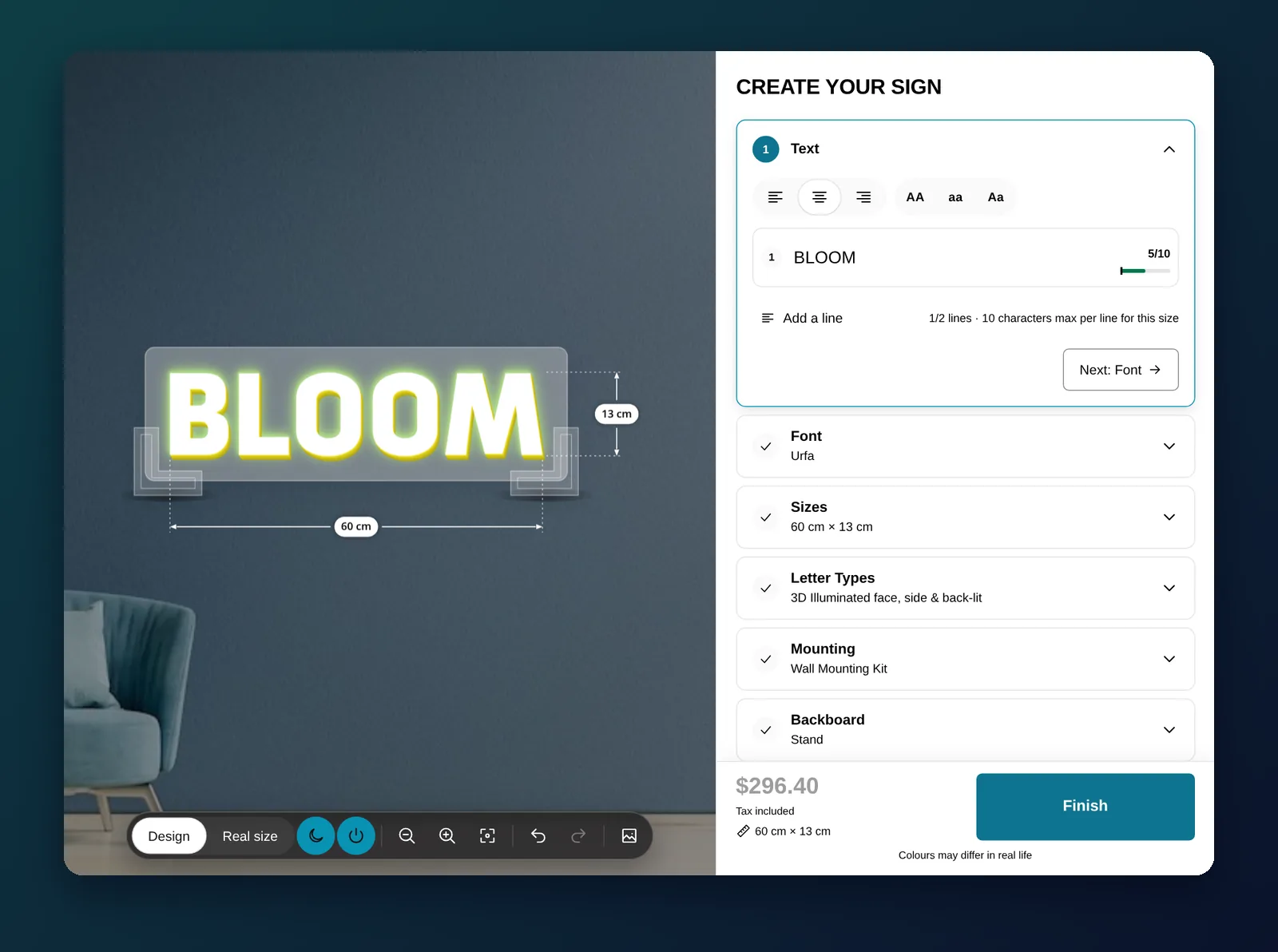 Illuminated letter configurator for BLOOM with step-by-step options and a live price