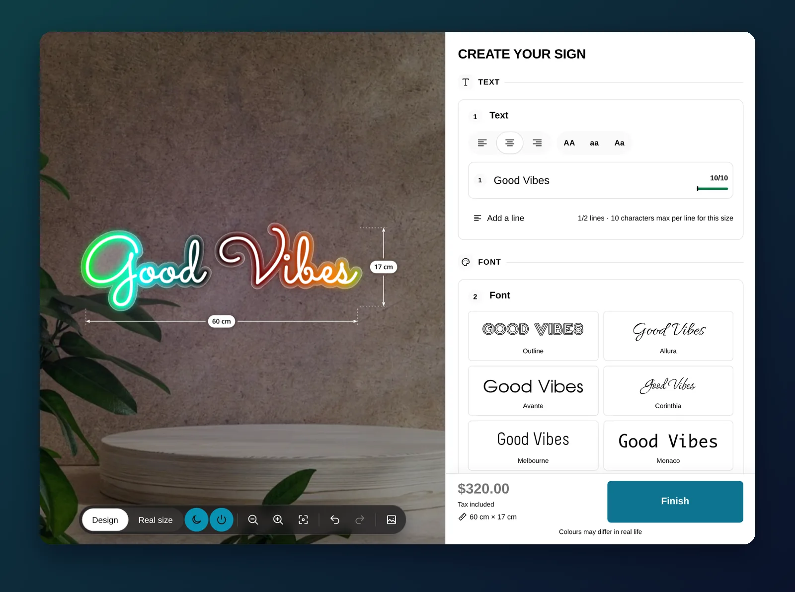 Neon configurator with the Good Vibes design, font gallery and live price