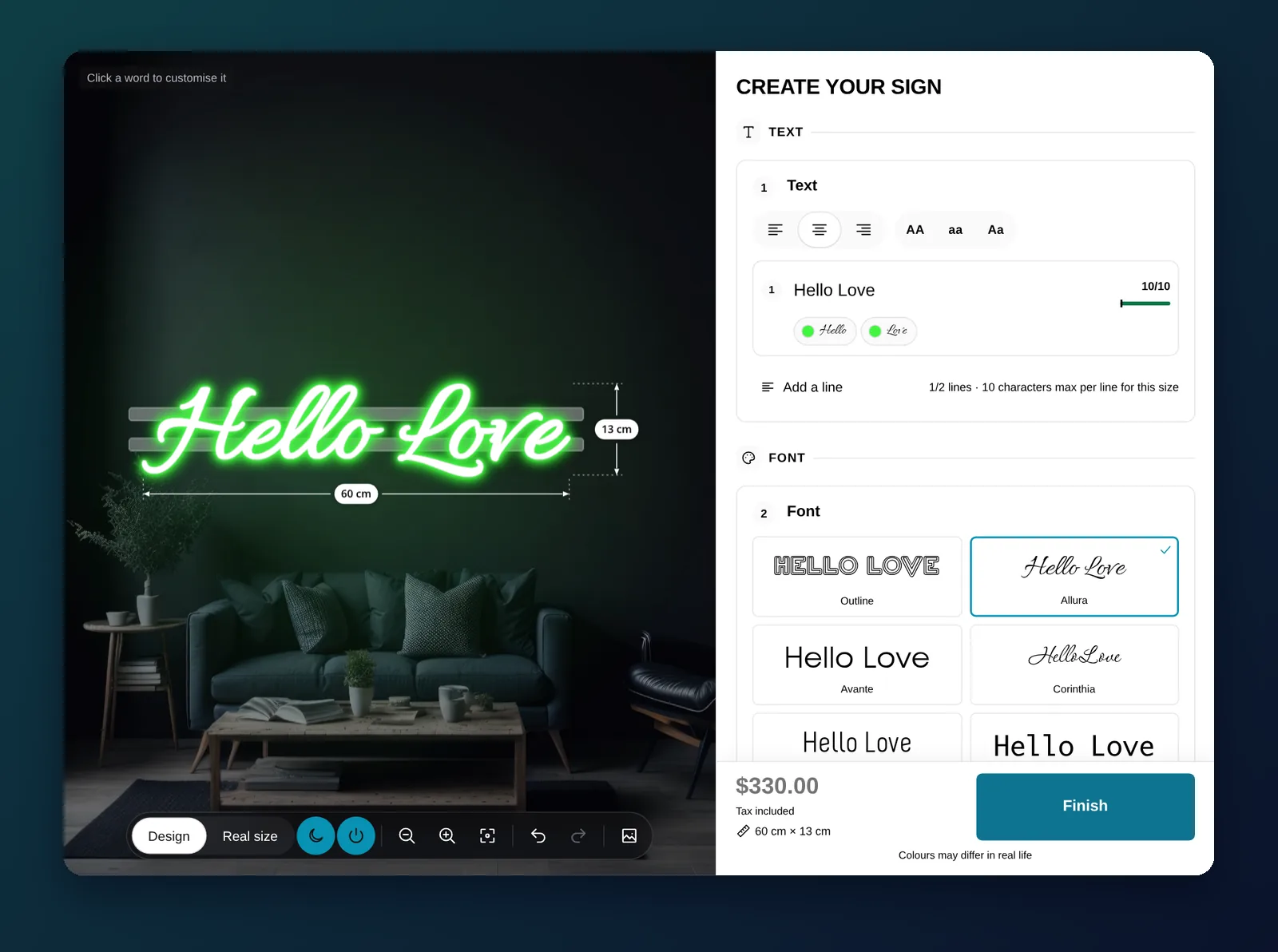 Neon configurator coloring each word of Hello Love separately, with fonts previewed in the customer's own text