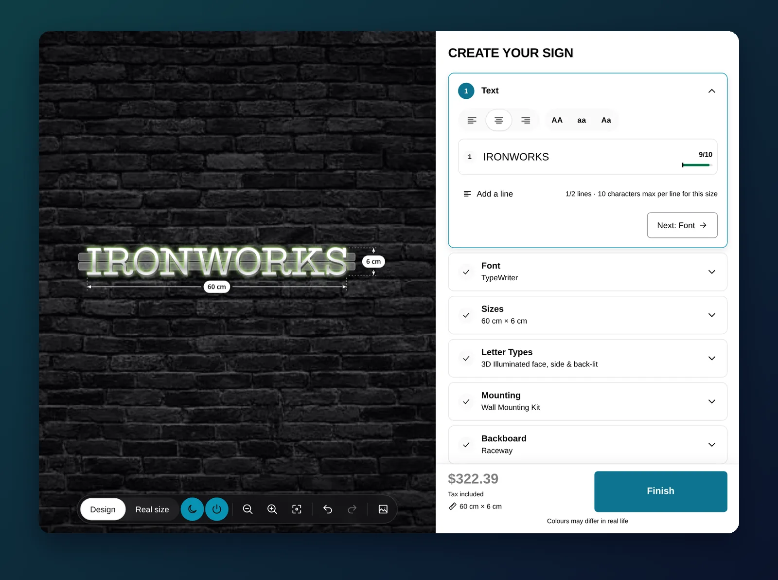 Channel letter configurator for IRONWORKS with font, size, letter type, mounting and backboard steps and a live price