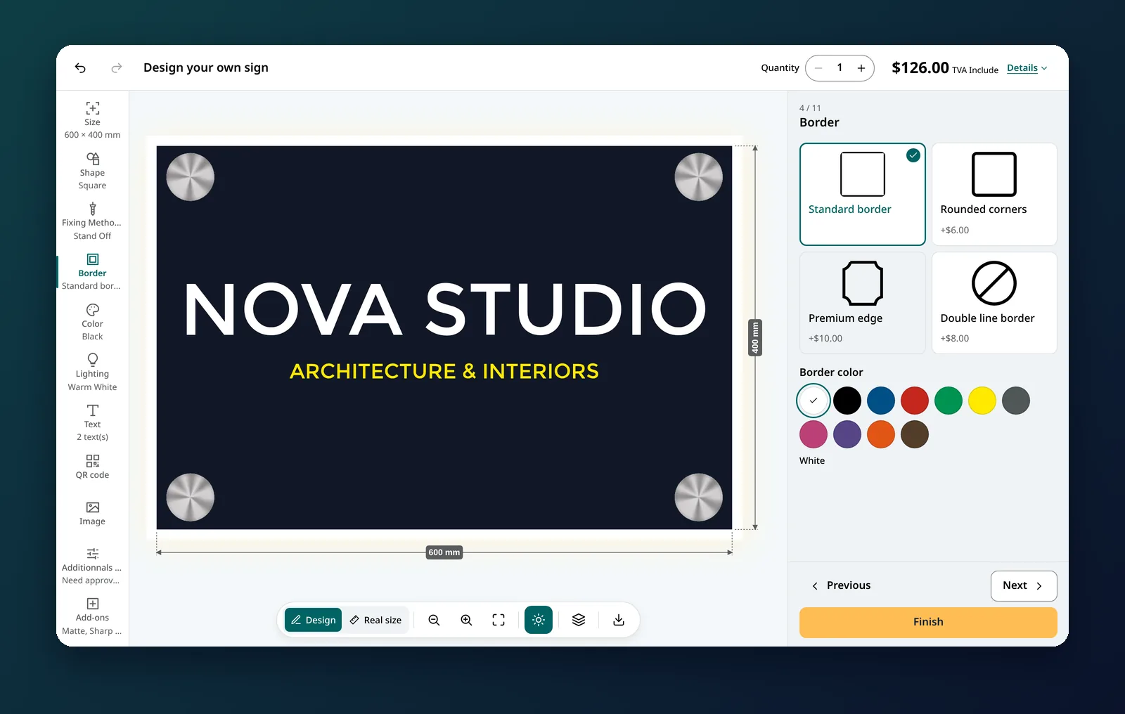 Panel sign configurator with size, shape, fixing, border, color, lighting, text, QR code, image and add-on steps, showing the Nova Studio acrylic sign