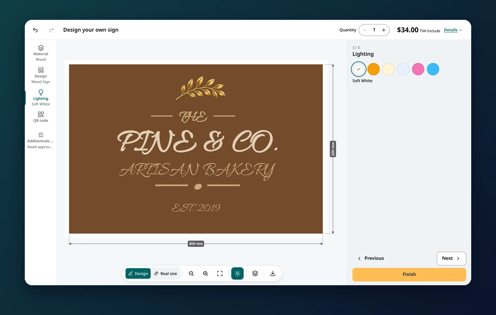 Wood sign configurator showing the Pine & Co. design and its lighting options