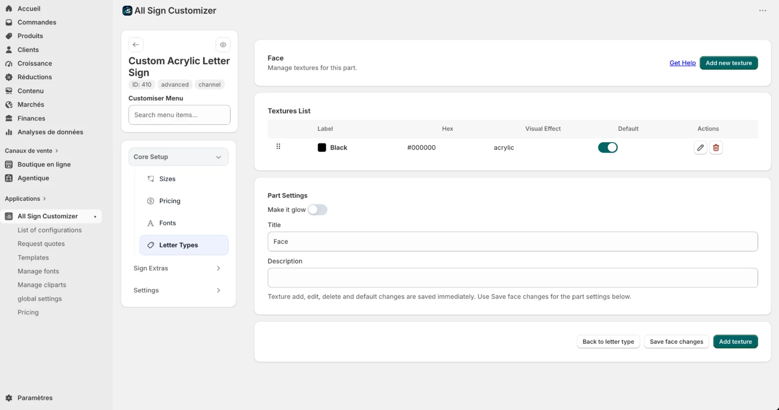 Manage Face textures for a Channel Letter type