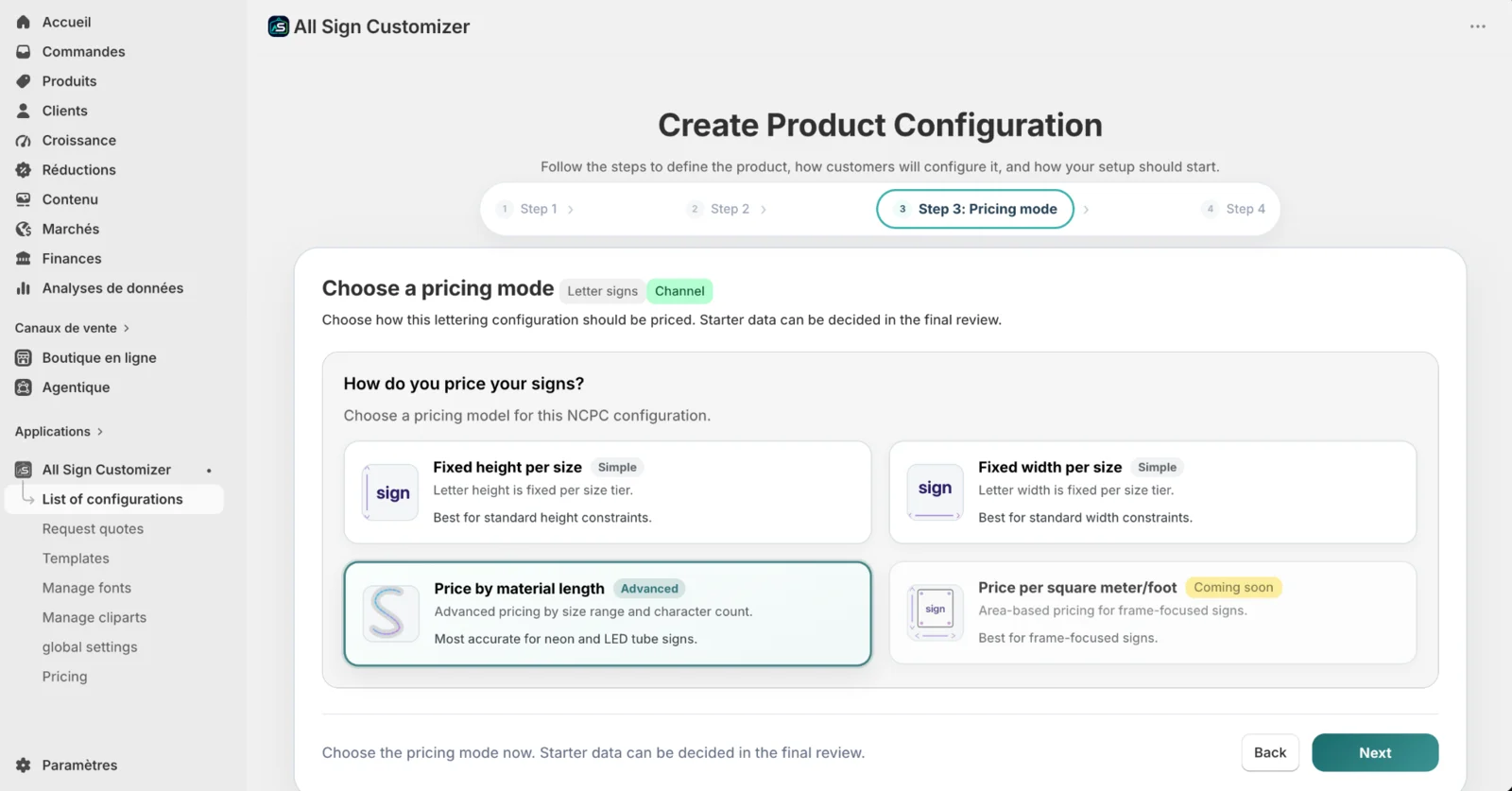Select Price by material length advanced pricing for a Channel Letter configuration