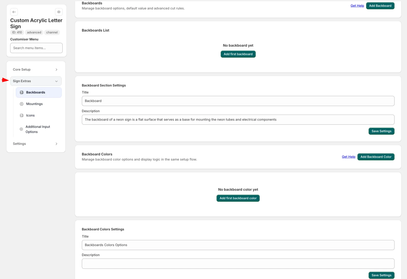 Sign Extras available for a Channel Letter configuration