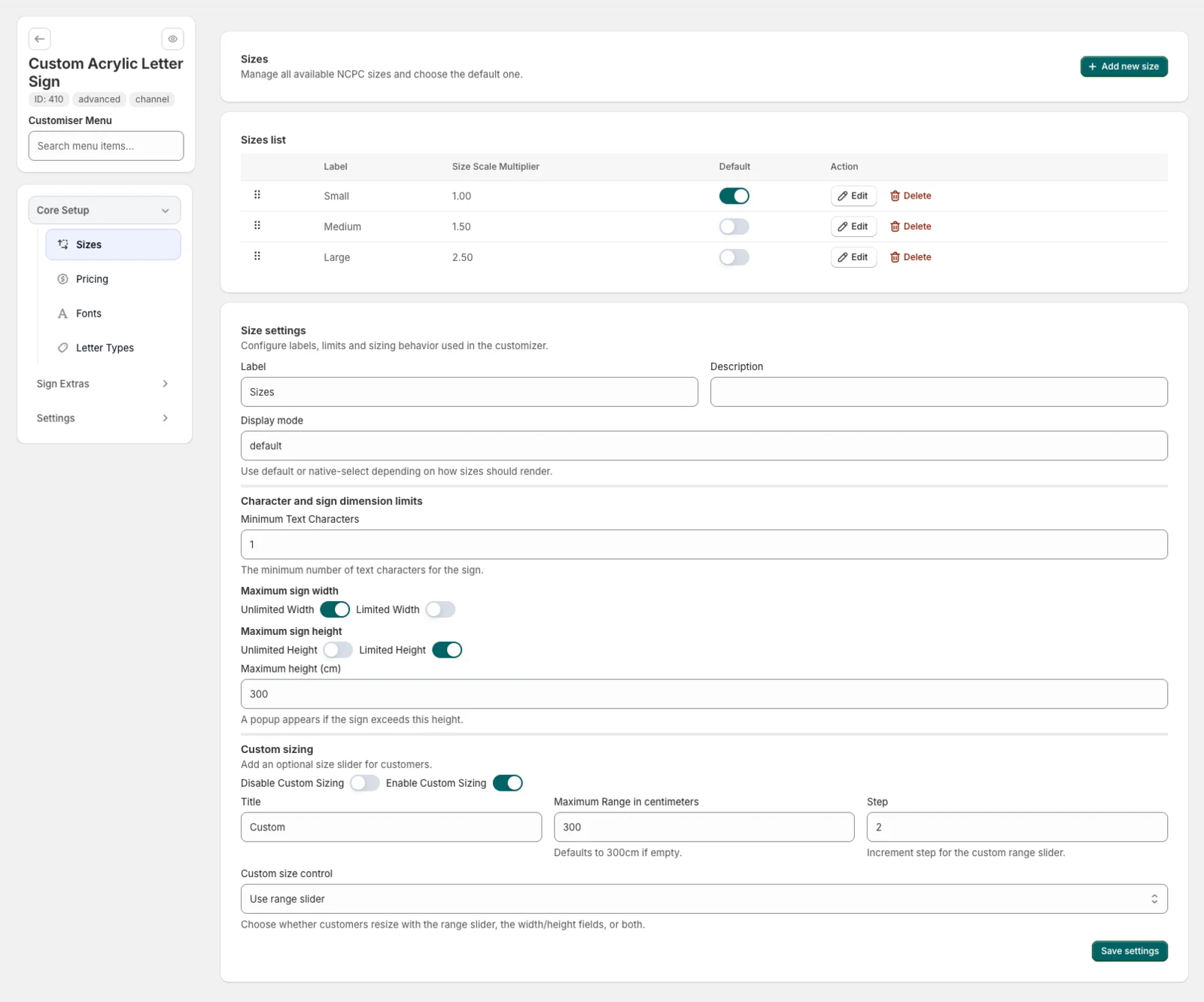 Configure Channel Letter sizes, dimension limits and custom sizing
