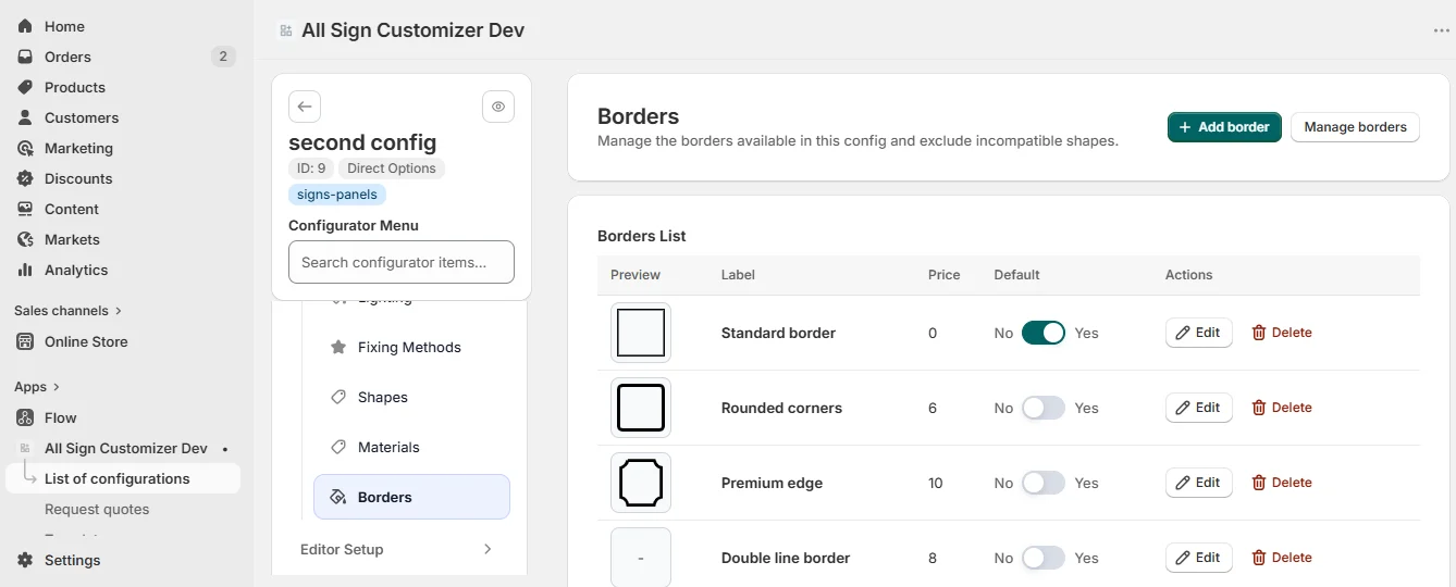 Borders setup