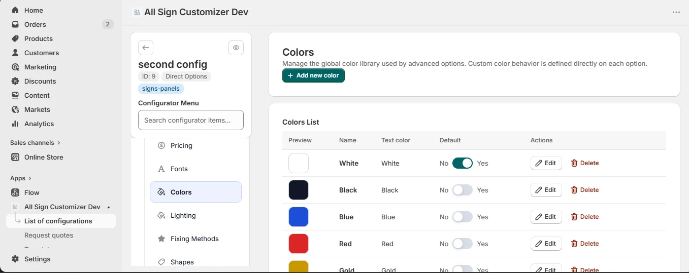 Colors setup
