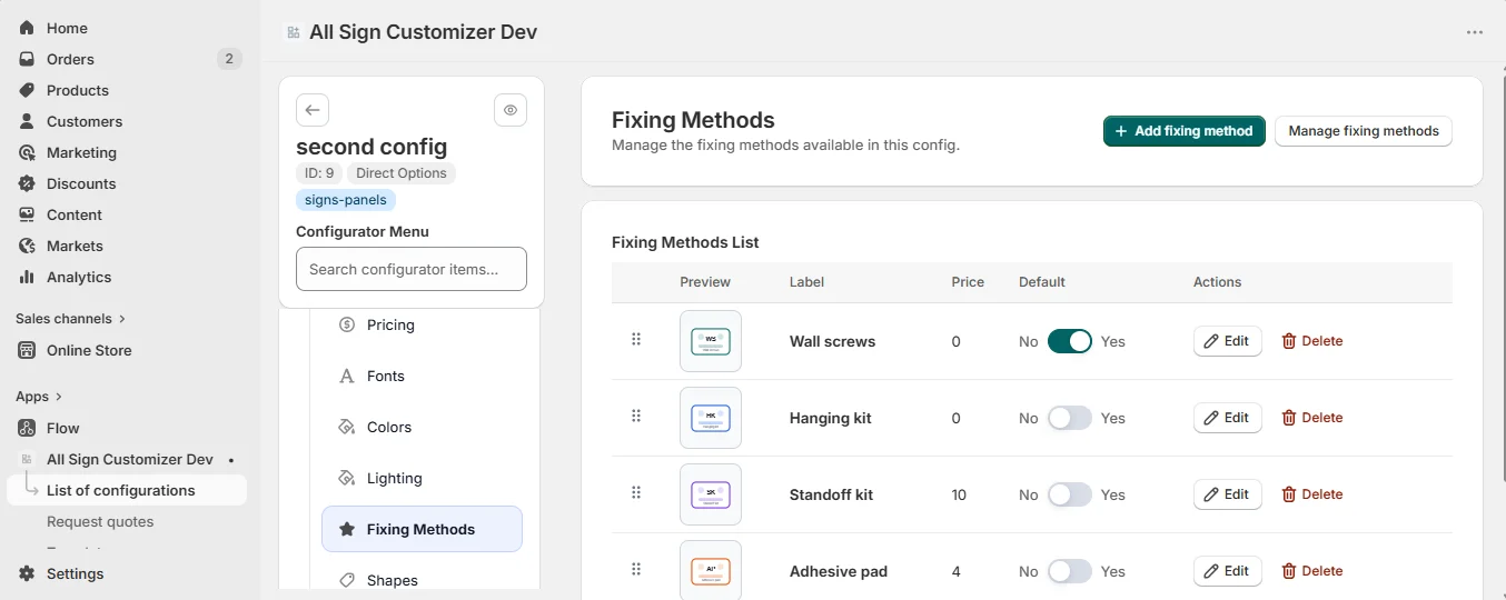 Fixing methods setup