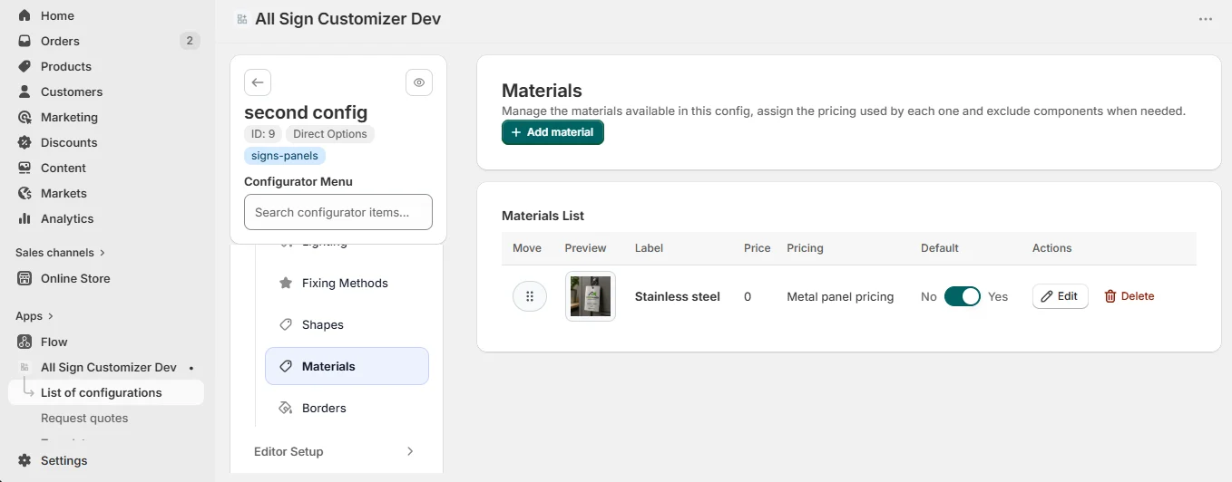 Materials setup
