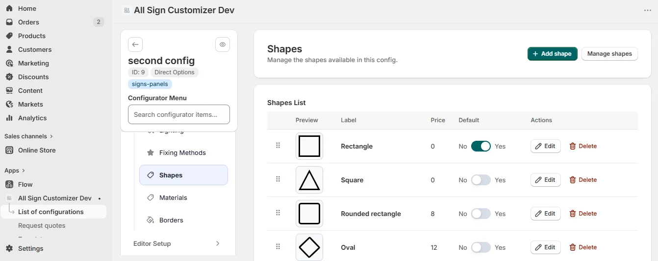 Shapes setup