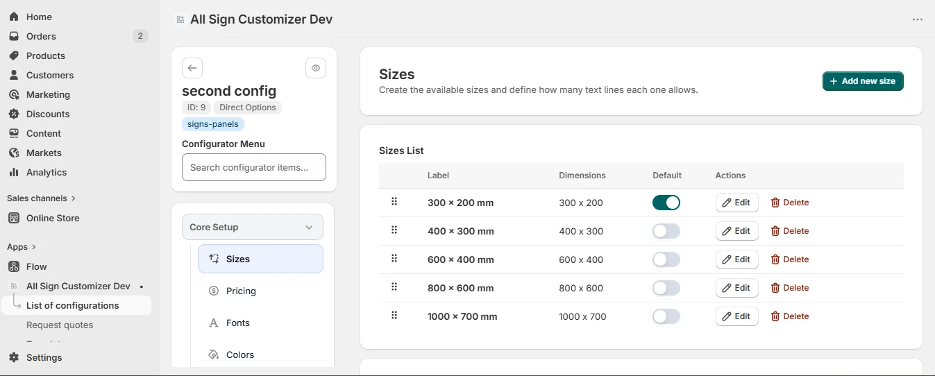 Sizes setup