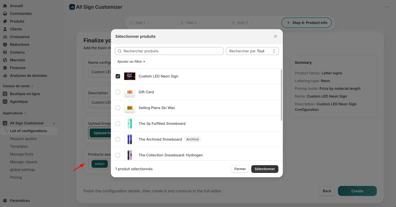 Finalize a Neon Letter configuration and associate it with a Shopify product