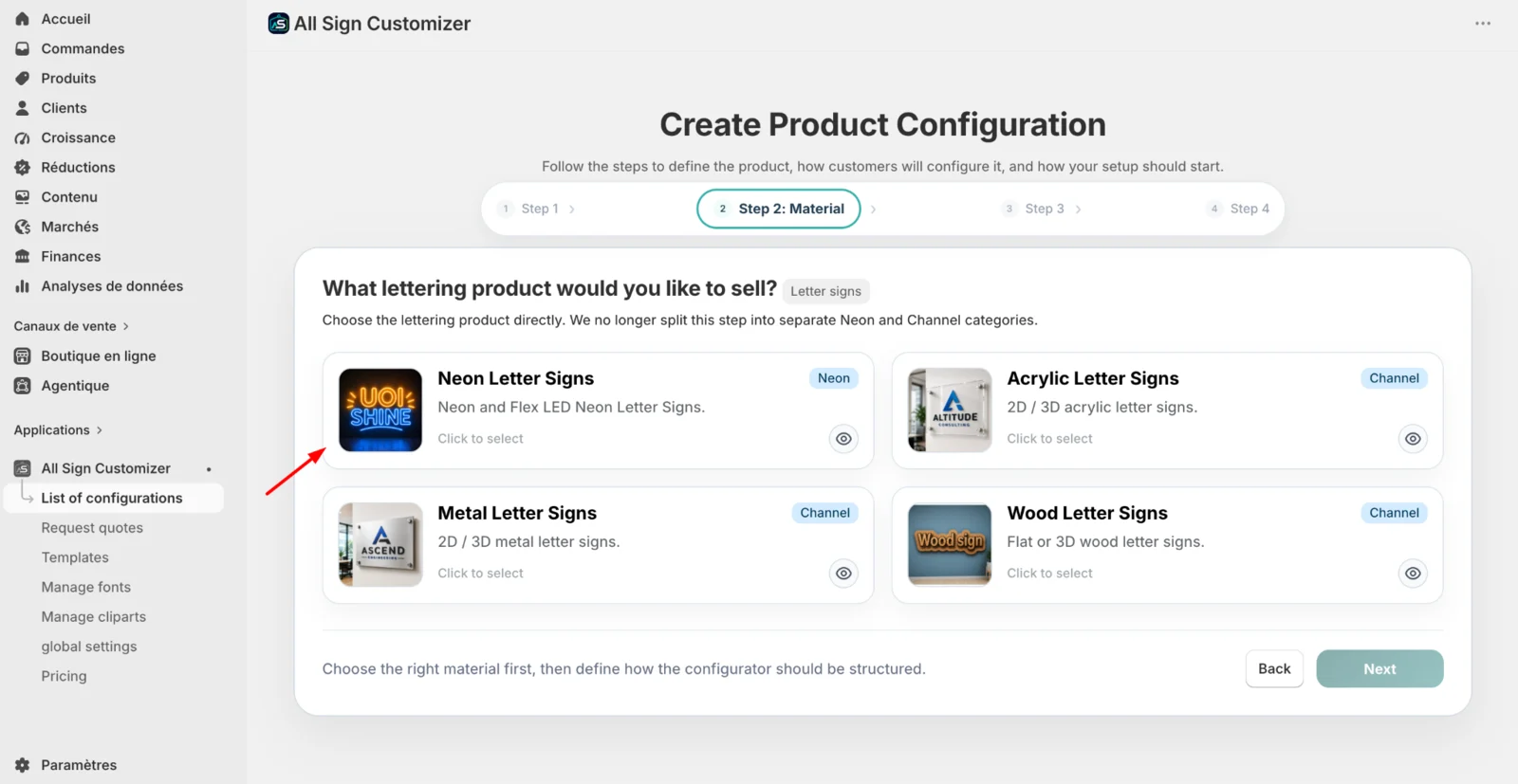 Select Neon Letter Signs while creating an All Sign Customizer configuration