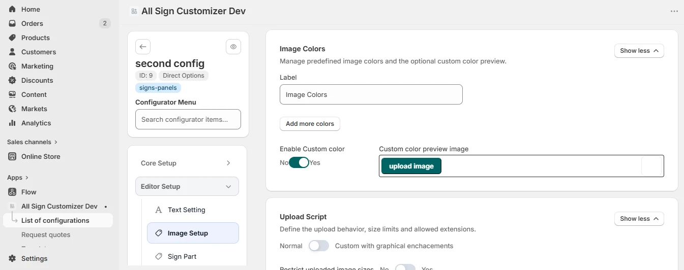 Image upload and image color options