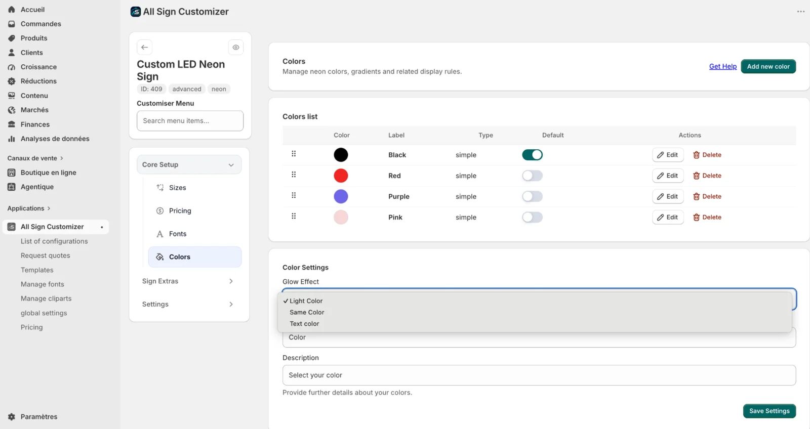 Configure Neon colors and glow behavior in All Sign Customizer
