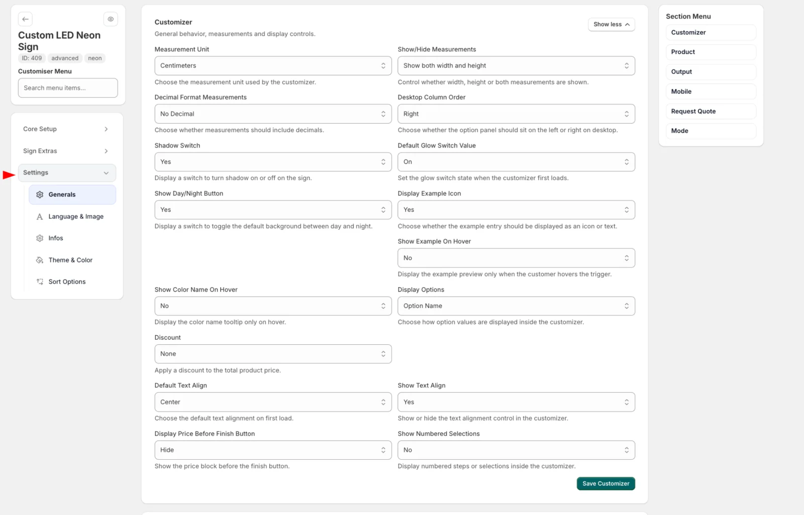 General storefront settings for a Neon Letter configuration in All Sign Customizer