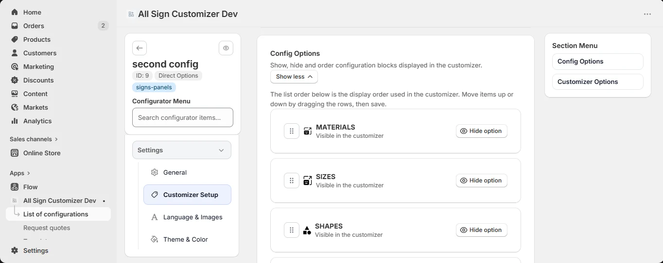 Customizer configuration options