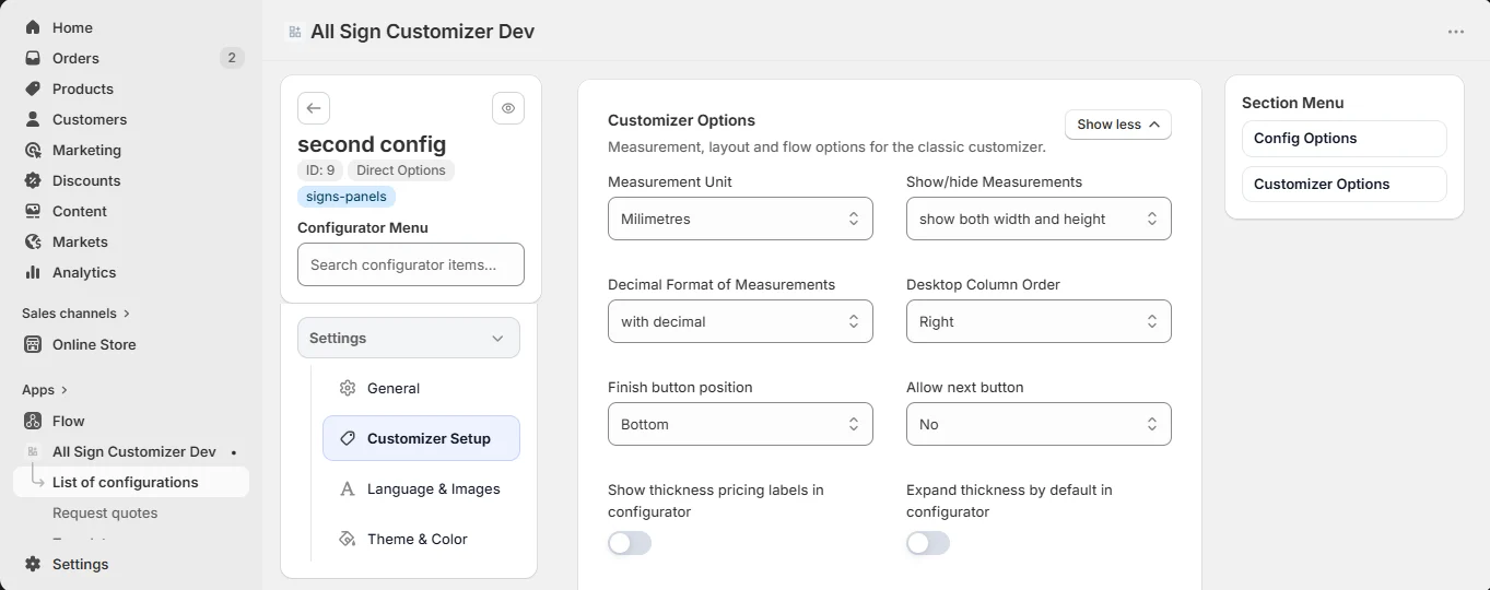 Customizer options